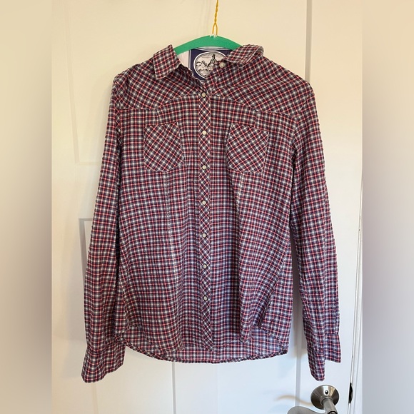 GAP red, blue and white print button down shirt. Women’s size large. - Picture 1 of 2